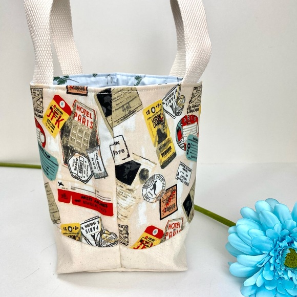 Cute travel cotton fabric tote bag NEW! Fully lined with webbing straps - Picture 8 of 12